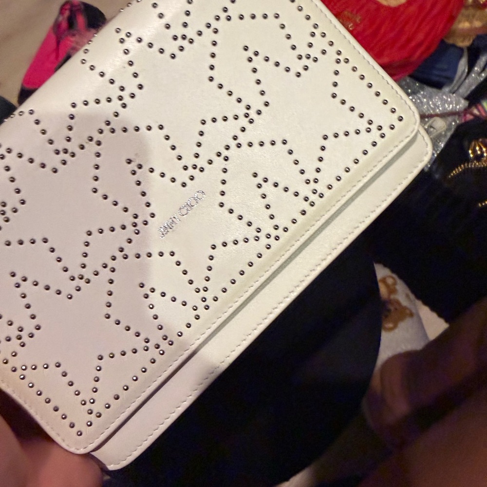 Jimmy Choo White Star-Studded Leather Wristlet Clutch